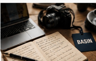 Gazetecilik notları, fotoğraf makinesi ve basın kartı